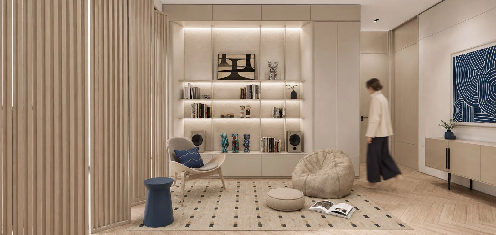 Bibliothèque et coin lecture du rendu 3D HAVEN, utilisés comme inspiration d’aménagement.