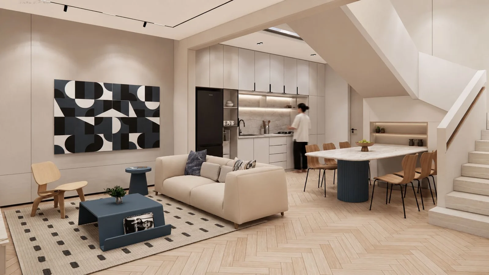 Rendu 3D de HAVEN : salon ouvert sur la cuisine, bois clair et touches de bleu.