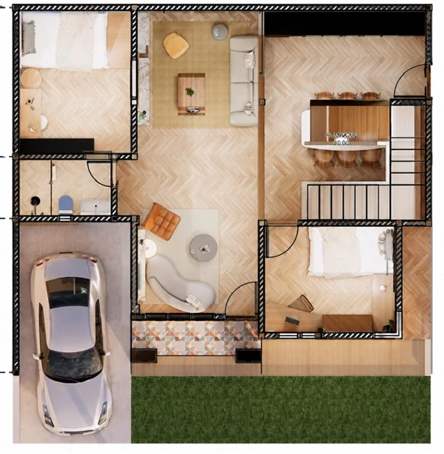 Plan du rez-de-chaussée de HAVEN montrant la disposition des pièces, du mobilier et de l’escalier.