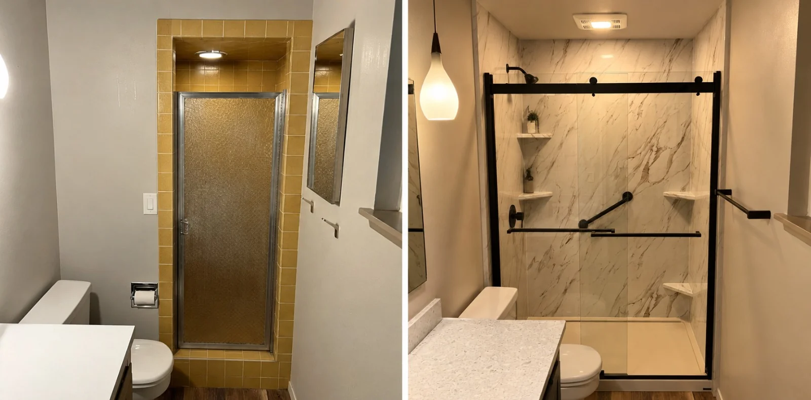 Avant : douche étroite avec carrelage jaune et porte opaque. Après : paroi vitrée, revêtement clair veiné et équipements noirs.