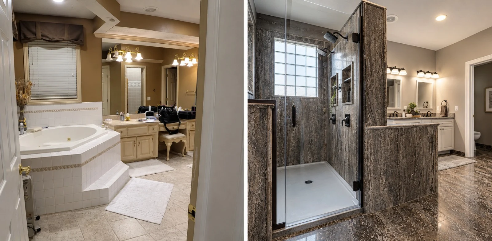 Avant : salle de bains avec baignoire d’angle et meuble double vasque. Après : grande douche vitrée, revêtements veinés sombres et espace vasques conservé.